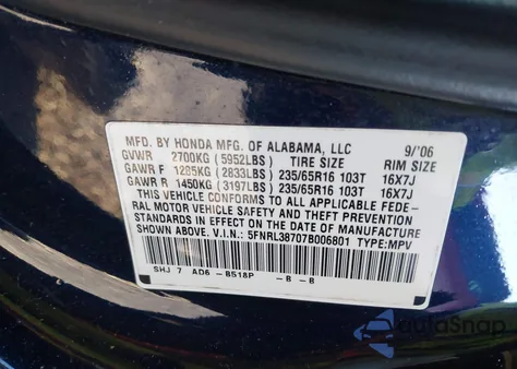 2007 Honda Odyssey Ex-L from USA, damaged, VIN 5FNRL38707B006801